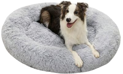 Domarex Weiches rundes Hundebett 110 cm XXL - Flauschiges Katzenbett mit hohem Rand - Shaggy Haustierkissen mit Silikonfüllung - gemütliches Anti-Rutsch - Schlafplatz für Hunde & Katzen - Grau