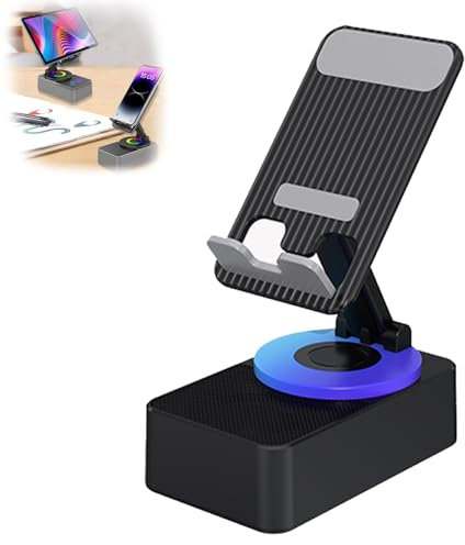 Bluetooth Audio Power Bank Bracket, 360° Rotable Cell Phone Stand with Wireless Bluetooth Speaker, 3-in-1 Foldable Cell Phone Stand (Black)