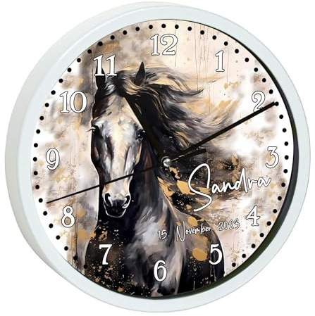 CreaDesign, Wanduhr Kinder personalisiert mit Name, Motiv Wanduhr mit roten Rahmen Pferd Watercolor, Rahmen Wanduhr rot, Ø 19,5 cm