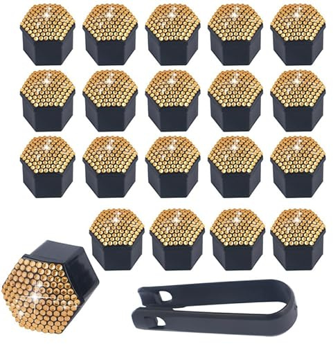 SYSUII 19mm Auto Radschraubenkappen, 20 Stück Radmutternkappen Mit Entfernung Werkzeug Sechskant-Reifen Bling Diamant Muttern-abdeckungen Radbolzen Kappen Rad Mutter Cap Radbolzen Schutz Cover-Gold