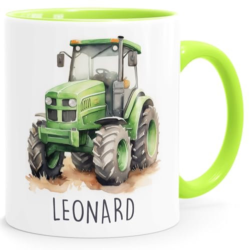 SpecialMe® Kindertasse Namenstasse Traktor Feuerwehrauto Rennwagen Auto Drache Keramikbecher Geschenk Kinder Jungen weiss-innen-hellgruen standard