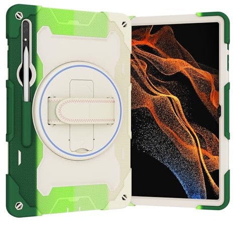 Schutzhülle für Samsung Galaxy Tab S9 Ultra 14,6 Zoll 2023 (SM-X910/X916B/X918U) Hülle mit Stifthalter, robuste Militär-Schutzhülle, drehbarer Ständer, Schultergurt, buntes Grün