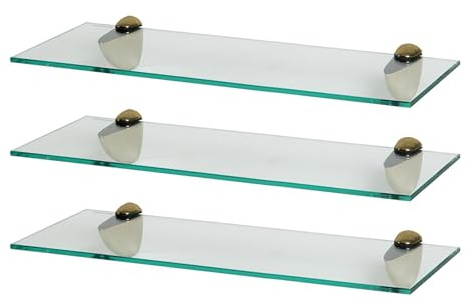Harbour Housewares Floating Glass Bathroom Shelves - 50cm - Clear/Gold - 3x Wall-Mounted Kitchen Bedroom Shower Room Décor Caddy Towel Storage Organiser Shelving Rack with Brackets