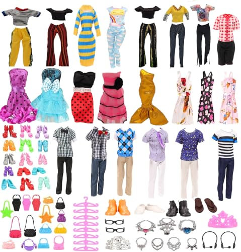 Nimeto 65-teiliges komplett Set – Kleidung und Zubehör für Puppen im Barbie- und Ken-Stil – Outfits, Kleider, T-Shirt, Hose, Rock, Schuhe, Tasche, Schmuck, Accessoire, Krone, Laptop, Headset, Bügel