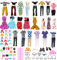 Nimeto 65-teiliges komplett Set – Kleidung und Zubehör für Puppen im Barbie- und Ken-Stil – Outfits, Kleider, T-Shirt, Hose, Rock, Schuhe, Tasche, Schmuck, Accessoire, Krone, Laptop, Headset, Bügel