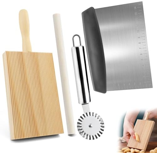 GZcaiyun Gnocchi Brett Holz Nudelbrett Geriffelt | Pasta Brett für Herstellung von Gnocchi in Nudelform, mit Pasta Cutter Wheel und Teigkarte
