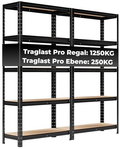 ALL Premium Schwerlastregal 2er Set 150x75x30 cm Schwarz - 1250kg Traglast – Regal 30cm tief & schwerlastregal 30 cm tief, Regal 150cm hoch & schwerlastregal 150 hoch ideal für Keller & Garage