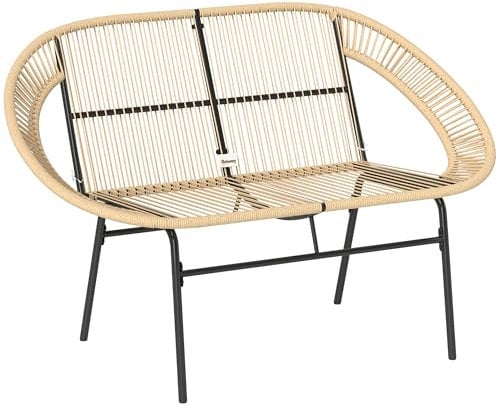 Outsunny 2-Sitzer Gartenbank Polyrattan, wetterfest Sitzbank im Rattanflecht-Design, UV-Beständig Gartenmöbel mit Rückenlehnen, Parkbank 260kg belastbar, für Balkon Terrasse, Garten 126x72x83cm, Khaki