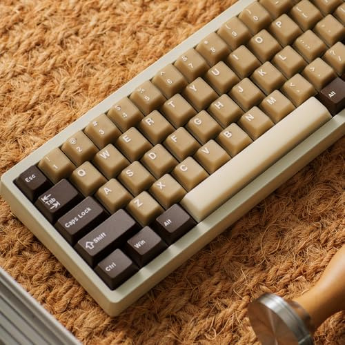 PBT Translucent Keycaps, Minimalist Brown Keycaps, 164 Key Custom Cherry Profile Keycap Set, Dye Sublimation Cute Coffee Key Cap for 60% 65% 75% 100% MX Switches Mechanical Keyboard(Coconut Latte)