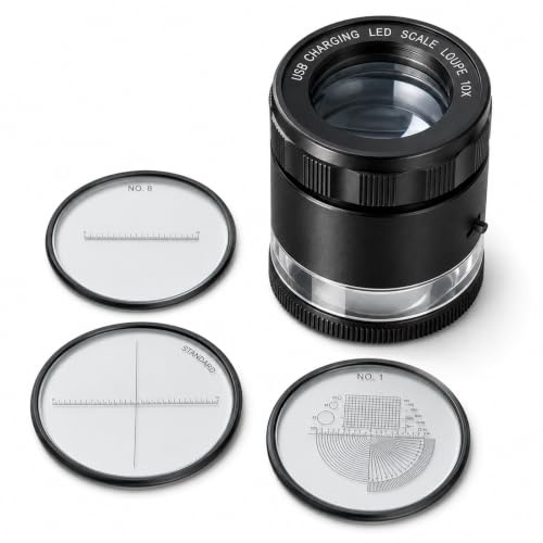 10 x wiederaufladbare Juwelierlupe mit LED-Lichtern und 3 Fadenkreuzskalen, 25 mm Sichtfeld, Verstellbarer Fokus, Augenlupe, LED-Skala, Lupe für Edelsteine, Münzen, Uhren, Briefmarken, Pflanzen