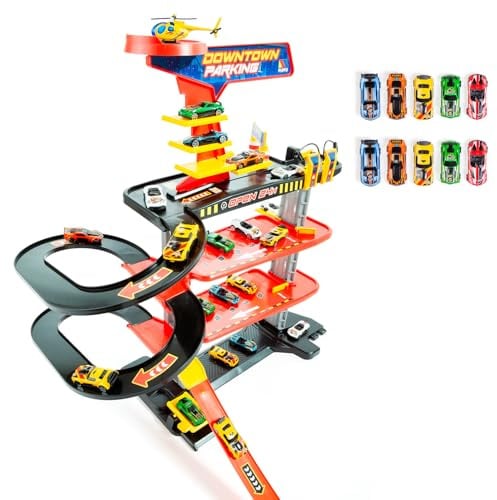 MOLTO | Downtown Toy Parking 4 Etagen + 10 Autos – Tankstelle, Aufzug, Wäscherei – Kinderparkplatz mit Hochgeschwindigkeitsrampe