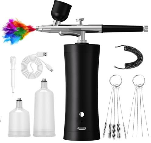VTCFANA Airbrush Kit with Compressor Mini Rechargeable Cordless Non-Clogging Airbrush Kit Set Portable High-Pressure 0.3mm Nozzle Painting Kit for Model Makeup Barber Nail Art Cake Decor Black
