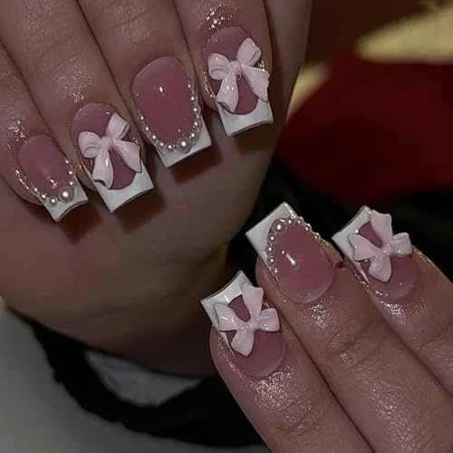 Short Square Press On Nails, White French Tips, Pink Acrylic, Beads Bows Design, Full Cover, Adhesive Nails, Glossy, Pack of 24