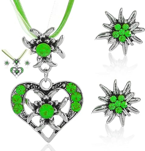 ZORVUJI Trachtenschmuck Damen Set Edelweiß Kette mit Herz Anhänger und Ohrringe Dirndlschmuck Oktoberfest Accessoires für Dirndl Outfit (Silber-Grün)