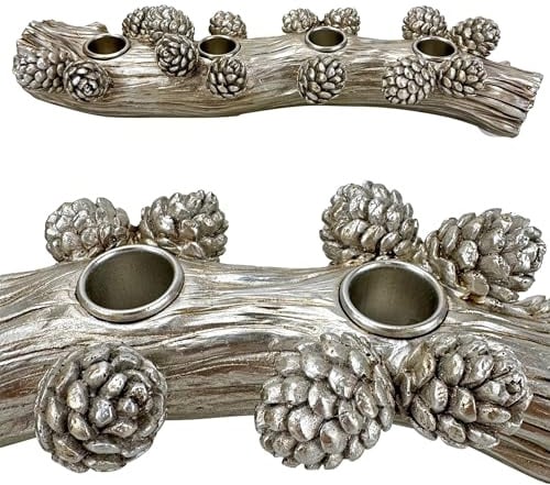 Kerzenständer in AST Form mit Tannenzapfen - Stabkerzenhalter für 4 Stabkerzen - Silber Vintage Look - Dekoration für Herbst, Winter und Weihnachten (Adventskranz)