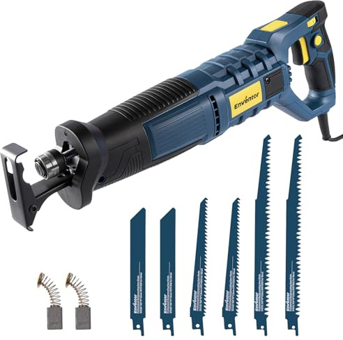 Enventor Scie Sabre, changement de lame sans outil, 850W, course 28mm | 6 Lames, 2800 SPM Vitesse Variable, Poignée Rotative à 180°, pour Bois, Métal, PVC et Élagage
