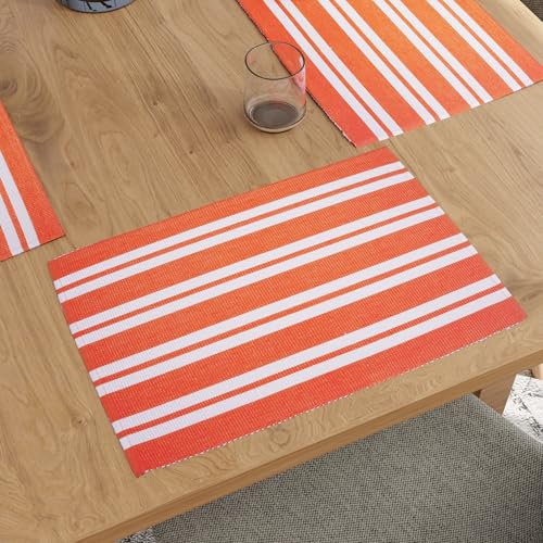 Encasa XO Placemats, Fine Ribbed Cotton Table Mats 46x32 cm Orange | Fine Ribbed Cotton | 12-Ply Yarn | Machine Washable | Dining Table Protection | Set of 6
