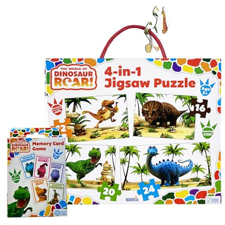 Dinosaur Roar 4-in-1 Kids Puzzle Set & Memory Card Game Bundle – 12, 16, 20 & 24 Piece Jigsaw Puzzles + 54 Card Matching Game – Dinosaur Educational Toy for Toddlers Age 3+