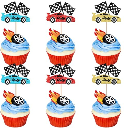 Xsstarmi 24 Pack Race Car Cupcake Toppers Glitter Flag Racing Theme Birthday Cupcake Picks for Favors Birthday Party Cake Decorations Supplies Multi