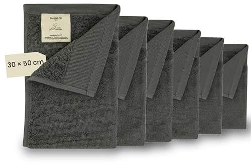 Jean & Len Gästehandtuch aus 100% Bio-Baumwolle im Set, 6 x 30x50 cm | in der Farbe rosmarin, mit Aufhänger, Oeko-TEX und GOTS Zertifiziert, Markenlabel aus veganem Leder