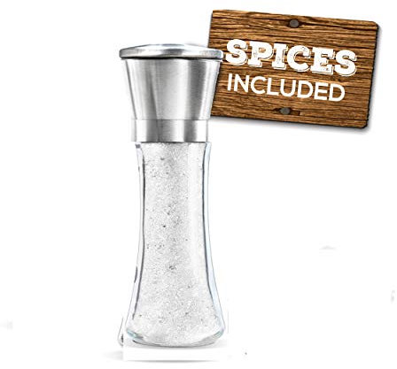 Prefilled Stainless Steel Salt and Pepper Grinder - Includes White Rock Salt - Glass and Stainless Steel Mill - Large Capacity Shaker - Top Loading Design by Mason Mills