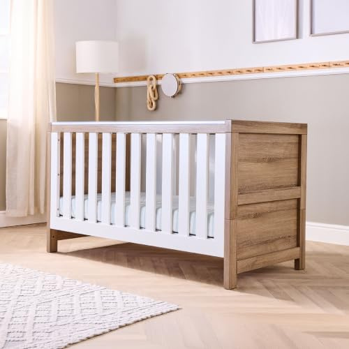 Tutti Bambini Modena 3-in-1 Convertible Cot Bed - Oak & White 140x70cm | Convertible cot bed with toddler bed and sofa modes, adjustable mattress heights and teething rails from birth to 6 years.