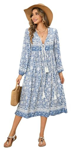 R.Vivimos Women's Casual Bohemian Print Neck Tie Long Sleeve Beach Style Long Midi Dress Vacation Dress(Medium,LightBlue)