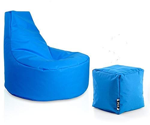 PATCH HOME Gamer Sessel Sitzsack inkl. Würfel Bean Bag Set Ø80cm, 30cm Sitzhöhe, 90cm Höhe + 35x35cm Würfel Königsblau