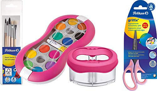 Pelikan Deckfarbkasten 735 SP/12 mit 12 Farben und 1 Tube Deckweiß/Starter (Magenta mit Space-Wasserbecher + Pinsel-Set + Bastelschere)