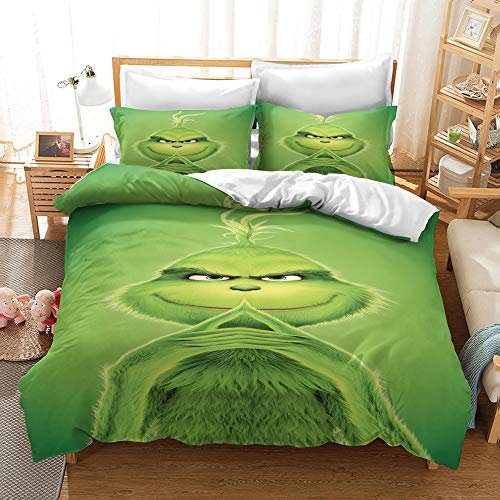 NICHIYO The Grinch Bettwäsche-Set – Bettbezug und Kissenbezug, Mikrofaser, 3D-Digitaldruck, dreiteilige Bettwäsche (Bettbezug + Kissenbezüge) (3, Einzelbett 135 x 200 cm)