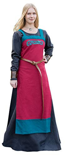 Battle-Merchant Wikinger Trägerkleid Hilja mit Stickerei | mittelalterliches Schürzenkleid für Damen | LARP Gewandung aus Baumwolle | Größen S-XXL blau/senfgelb oder rot/Petrol (rot, L)