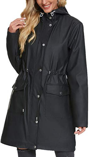 Fahsyee Veste de pluie imperméable légère à capuche pour femme avec doublure fine coupe-vent et fermeture Éclair - noir - Large