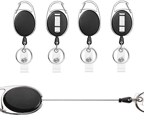 Porte Badge Enrouleur, 4 pièces Porte-clés Retractable,Avec Ressort Renforcé, Avec Enrouleur de Ceinture Pour Porte CléS Porte Badge de Carte D'Identité (Noir 4 pièces)