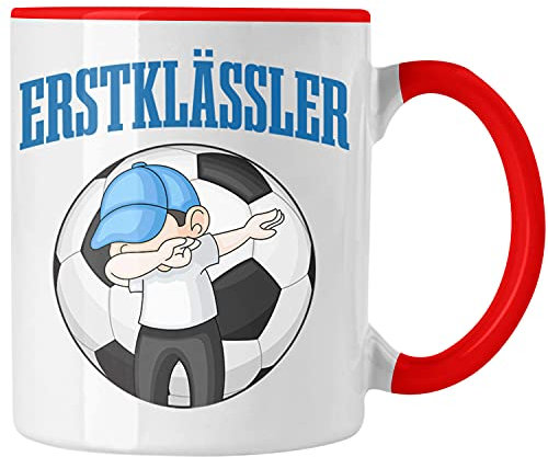 Trendation - Einschulung Junge Geschenk für Schultüte Füllung Tasse Schulstart 1. Schultag Schuleinführung Schulanfang Geschenkidee Schulkind Jungs Fussball (Rot)