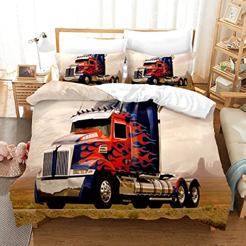 JWFGTT LKW-Auto Bettbezug Set 3 Teilig Pickup-Trucks Bettwäsche Set Kinder Jungs Teenager 3D gedruckte Bettbezug Set mit Reißverschluss Mikrofaser Ultraweiche Hypoallergene Bettbezug 135x200cm
