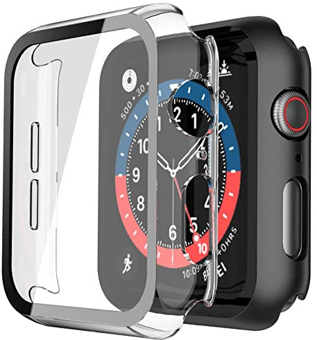 Misxi 2-Stück PC Hülle mit Displayschutz aus Gehärtetem Glas mit Apple Watch Series SE 2 (2024) / SE Series 6 Serie 5 Series 4 40mm, HD Ultradünne iWatch Schutzhülle, 1 Schwarz + 1 Transparent