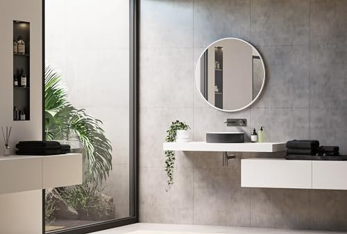 BERNSTEIN® Badezimmerspiegel 8232 rund mit Leichtmetallrahmen in Schwarz, Weiß und Gold Wandmontage Wandspiegel Badspiegel Bad, Spiegel mit Aluminiumrahmen in Weiß, Spiegel Ø 80cm