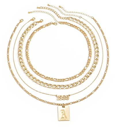 Mesnt Collier Damen Modeschmuck, Mehrreihige Kette Gold Alphanumerischer Anhänger Geschichtete Halskette Geschenk für Sie Frauen Mama Oma Freundin Muttertagsgeschenk Valentinstag, 4 Stücke, Gold