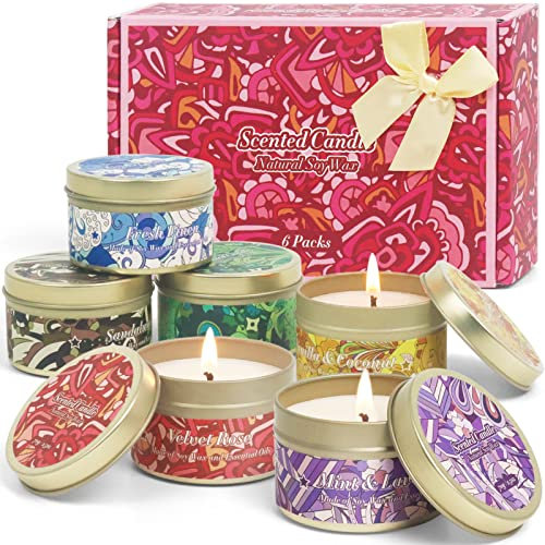 Duftkerzen Set, Sojawachs Kerzen Set für Aromatherapie, 6 Düfte Tragbare Kerzen in Dose - Rose, Leinen, Vanille, Lavendel, Sandelholz, Salbei, Geschenkset für Weihnachten, Geburtstag, Valentinstag
