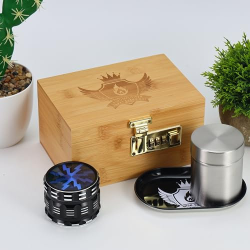 BloomFlower Stash Box with Accessories, Smell Proof Set, Lockable Stashbox Combo Kit,Metal Rolling Tray,Stainless Steel Jar,Happy Smoking Rolling Box