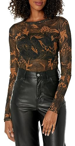 HUGO Damen Langarm Rundhals Mesh Top, Dunkelorangefarbener Pilz, Klein