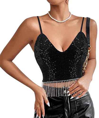Naimo Damen Glitzer Pailletten Crop Top mit Strass Quaste Ärmellos V-Ausschnitt Spaghettiträger Tank Weste Camisole Tops