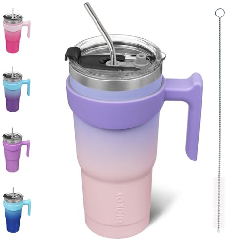 BJPKPK 600 ml Thermobecher mit Griff und Strohhalm | Pastell-Sonnenuntergang, Edelstahl, Doppelwandig Vakuumisoliert, Spülmaschinenfest, BPA-frei, Ideal für Kaffee und Tee