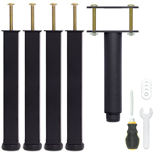 Pied de Lit 25 cm à Visser, Pied Sommier à Lattes Universel, Reglable en Hauteur, Metal, Carré + Rond, Boulons M8, pour le Cadre Métallique d’un Sommier Adulte, Noir, Lot de 5 (4 Latéraux + 1 Central)