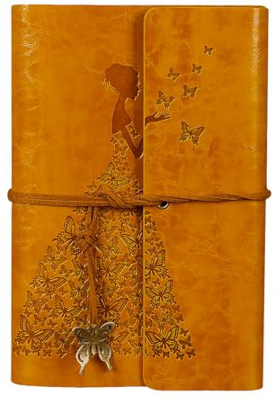 ANCLLO A6 Vintage-Leder-Tagebuch, Spiralbindung, Skizzenbuch, nachfüllbar, Reisetagebuch, blanko, personalisiertes Ringbuch-Tagebuch für Frauen und Mädchen, Geschenke (gelb)