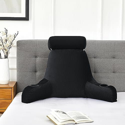 Extra Large Reading Pillow Ultimate Comfort & Support Bed Rest with Cup Holders, Storage Pockets, Detachable Neck Roll, and Removable Cover - Ideal for Relaxation, Work, and Lounging, Black