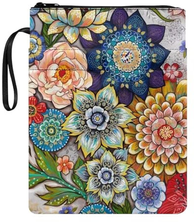 NETILGEN Custodia per libro in stile bohémien, con cerniera, riutilizzabile, in tessuto, lavabile, con tasca, 29 x 22 cm