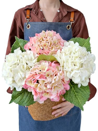 JINWOE Künstliche Hortensien, weiße + 2 rosa Hortensien, 53,3 cm, Vintage-Boho-Seide, künstliche Hortensien, für Weihnachten, Hochzeit, Bouque, Tafelaufsätze, Partys, Zuhause, 2 Stück