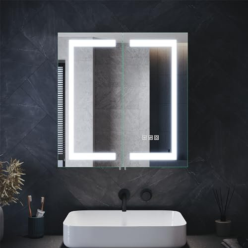 ELEGANT Modern 630 x 650mm Silver Bathroom Cabinet with Mirror, LED, Shaver Socket, Demister Pad & Adjustable Shelves