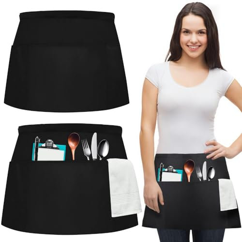 LIMITADA 2PCS Vorbinder Schürze,Kellnerschürze Kurz,Taillen Schürze Damen,Küchenschürzen für Frauen,Backschürze Schwarz,Grillschürzebistroschürze Kurz Schwarz für Frauen Männer Chef Kellner Café